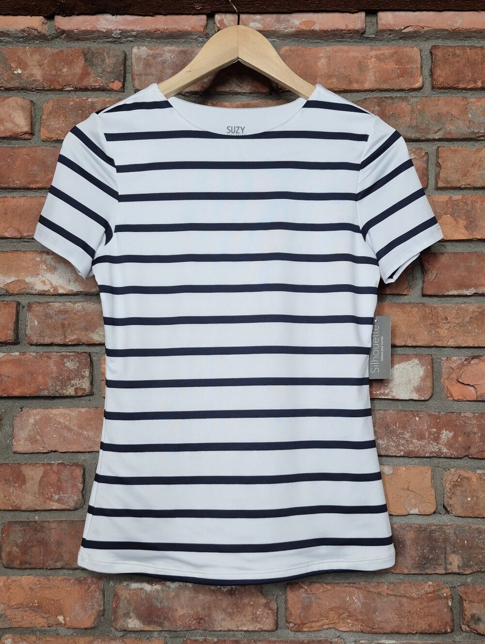 Suzy Shier NWT Navy White Striped Double Layer Structured Stretch Tee Top Sz S